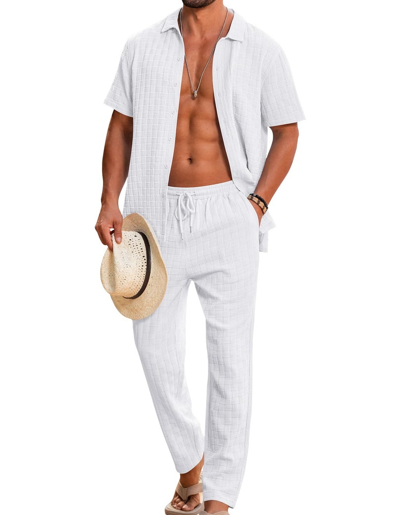 LecGee Mens Summer 2 Piece Outfits Set Solid Button Down Shirt & Drawstring Waist Pants Beach White Outfit for Men (White,Large) - Image 1