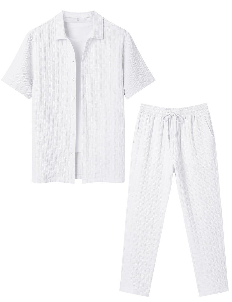 LecGee Mens Summer 2 Piece Outfits Set Solid Button Down Shirt & Drawstring Waist Pants Beach White Outfit for Men (White,Large) - Image 2