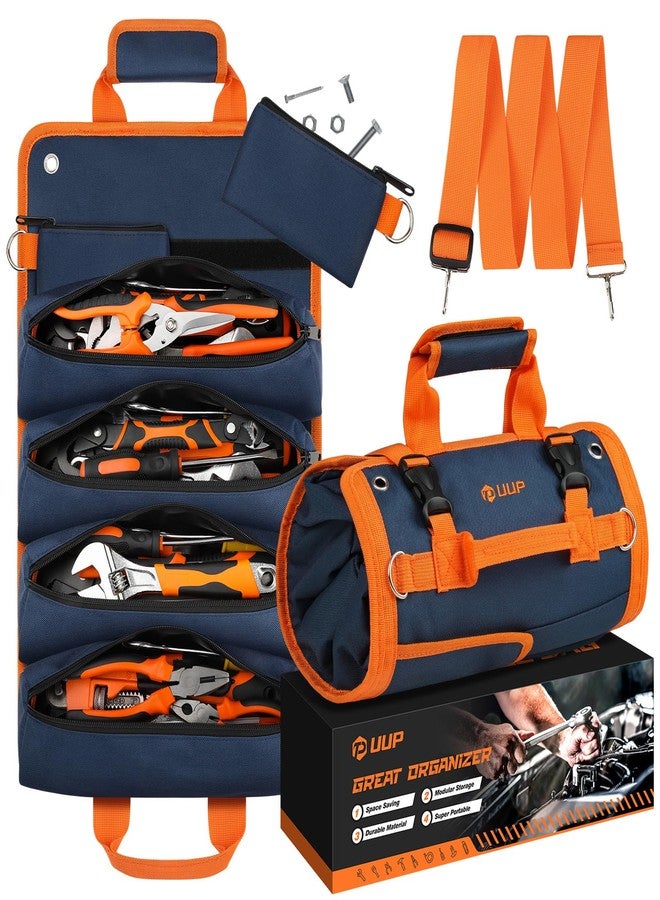 UUP Tool Bag Roll Up, UUP Heavy Duty Rolled Empty Tool Storage Organization, Portable Foldable Rollup Organizer with 2 Small Pouches, Rollable Carrying Toolbag, Dad Men Mechanic Birthday Gift, Blue Orange - Image 1