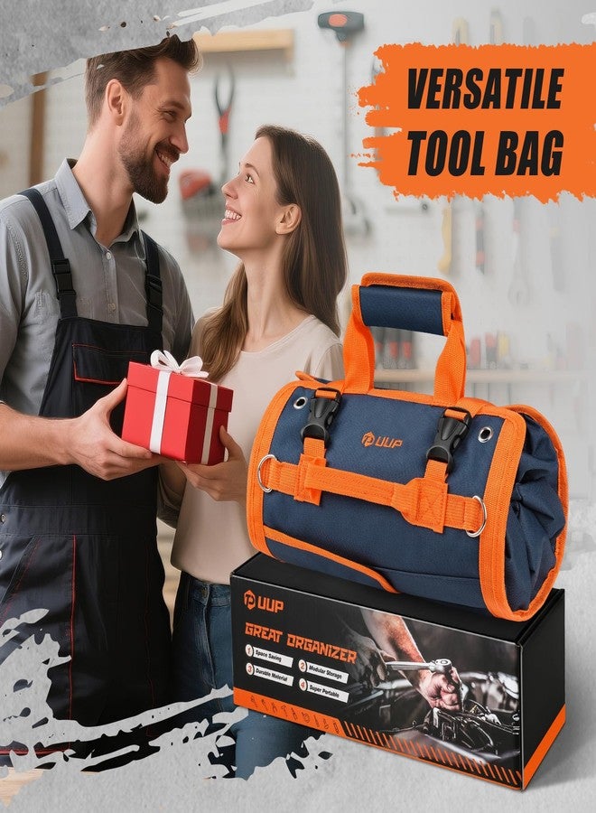 UUP Tool Bag Roll Up, UUP Heavy Duty Rolled Empty Tool Storage Organization, Portable Foldable Rollup Organizer with 2 Small Pouches, Rollable Carrying Toolbag, Dad Men Mechanic Birthday Gift, Blue Orange - Image 4