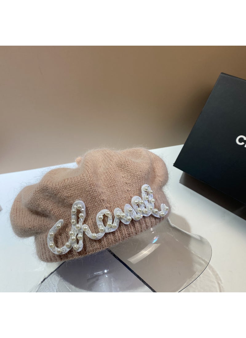 Generic - Chic Pearl Letter Beret Autumn Winter Warm Knit Painter Cap Lotus Pink - Image 1