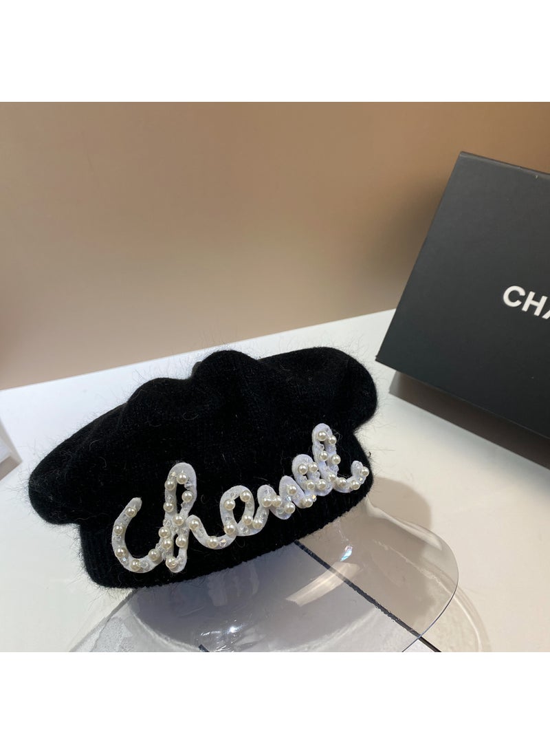 Generic - Chic Pearl Letter Beret Autumn Winter Warm Knit Painter Cap Lotus Pink - Image 1