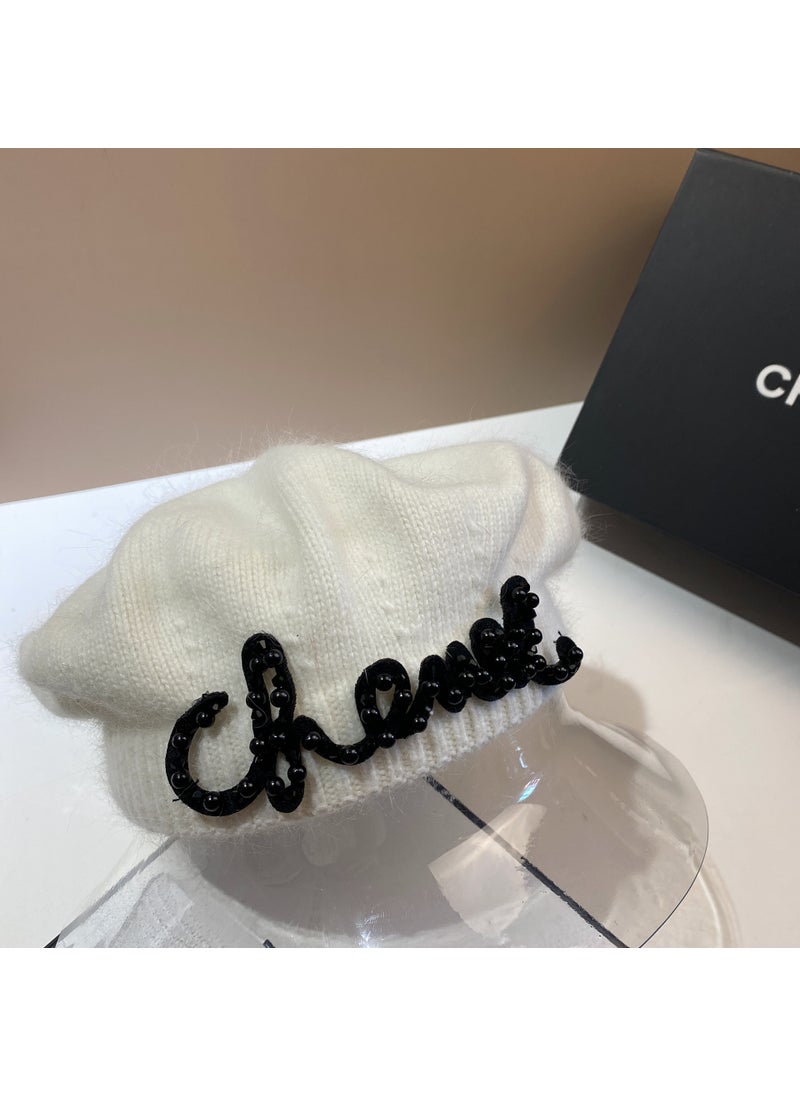 Generic - Chic Pearl Letter Beret Autumn Winter Warm Knit Painter Cap Lotus Pink - Image 1