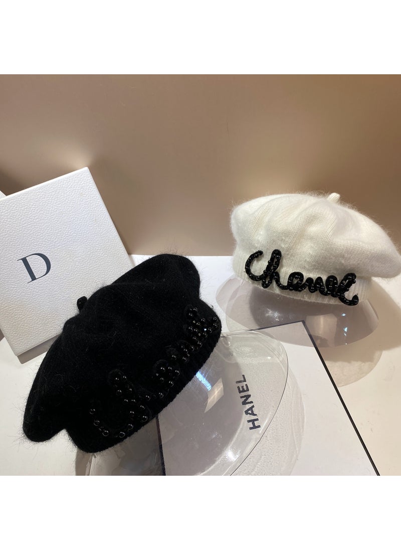 Generic - Chic Pearl Letter Beret Autumn Winter Warm Knit Painter Cap Lotus Pink - Image 1