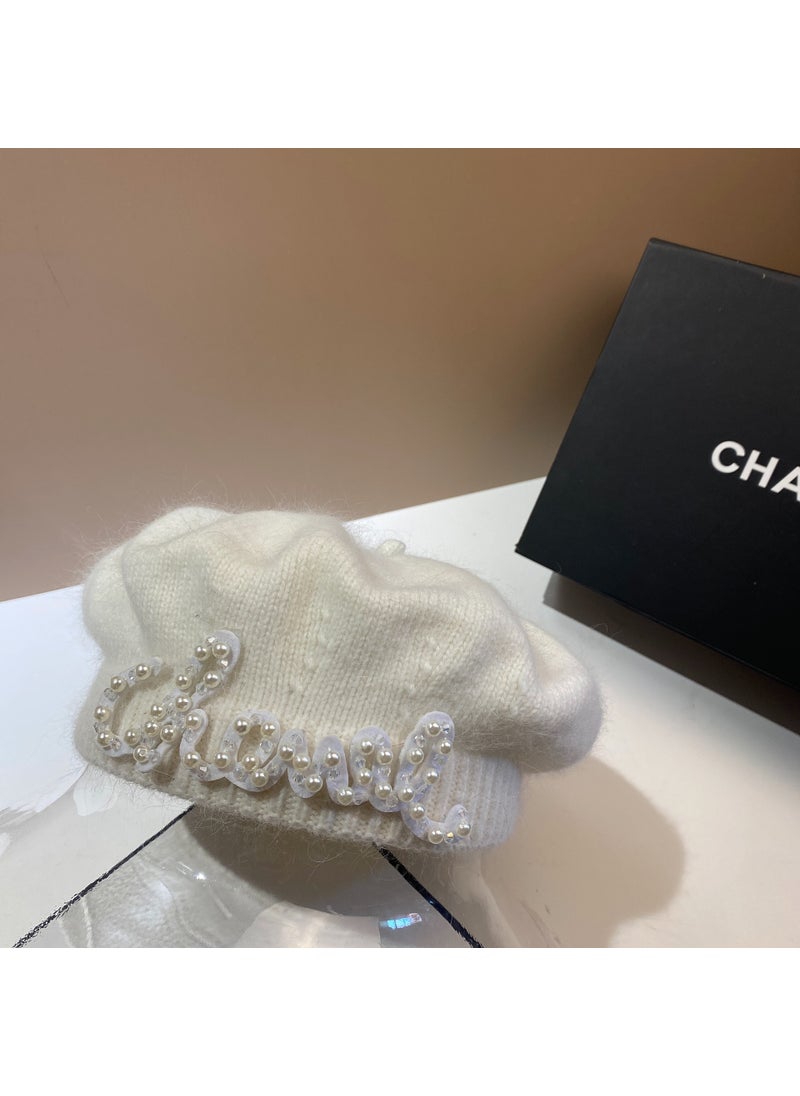 Generic - Chic Pearl Letter Beret Autumn Winter Warm Knit Painter Cap Lotus Pink - Image 1