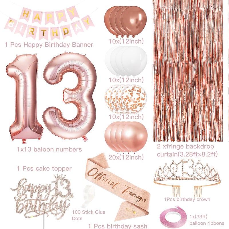 ZPPMZQR 13th Birthday Decorations for Girls, Rose Gold 13th Birthday Banner, Balloon, Cake Topper, Sash and Crown, Happy 13th Birthday Party Decorations for Girls - Image 2