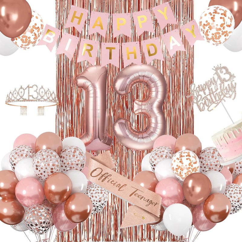 ZPPMZQR 13th Birthday Decorations for Girls, Rose Gold 13th Birthday Banner, Balloon, Cake Topper, Sash and Crown, Happy 13th Birthday Party Decorations for Girls - Image 1