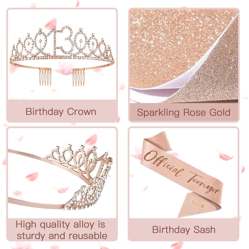 ZPPMZQR 13th Birthday Decorations for Girls, Rose Gold 13th Birthday Banner, Balloon, Cake Topper, Sash and Crown, Happy 13th Birthday Party Decorations for Girls - Image 4