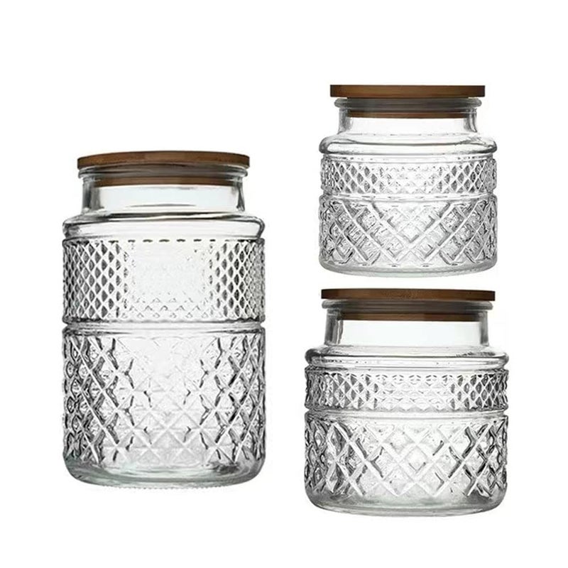 Livejun Glass Storage Jars Vintage Embossed Canisters Food Cereal Storage Containers with Bamboo Lid Decorative Jars for Kitchen CounterPantrySet 3Piece Glass Jars in 60 oz40 oz20 oz Round