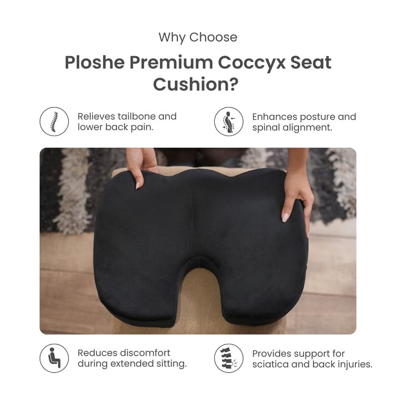 PLOSHE Orthopedic Coccyx Seat Cushion for Tailbone Sciatica Lower Back Pain Relief Hip Support Ergonomic Cushion for Home Sitting Office Chair Car Seat Cushions Memory Foam Sitting Pillow Black - Image 3