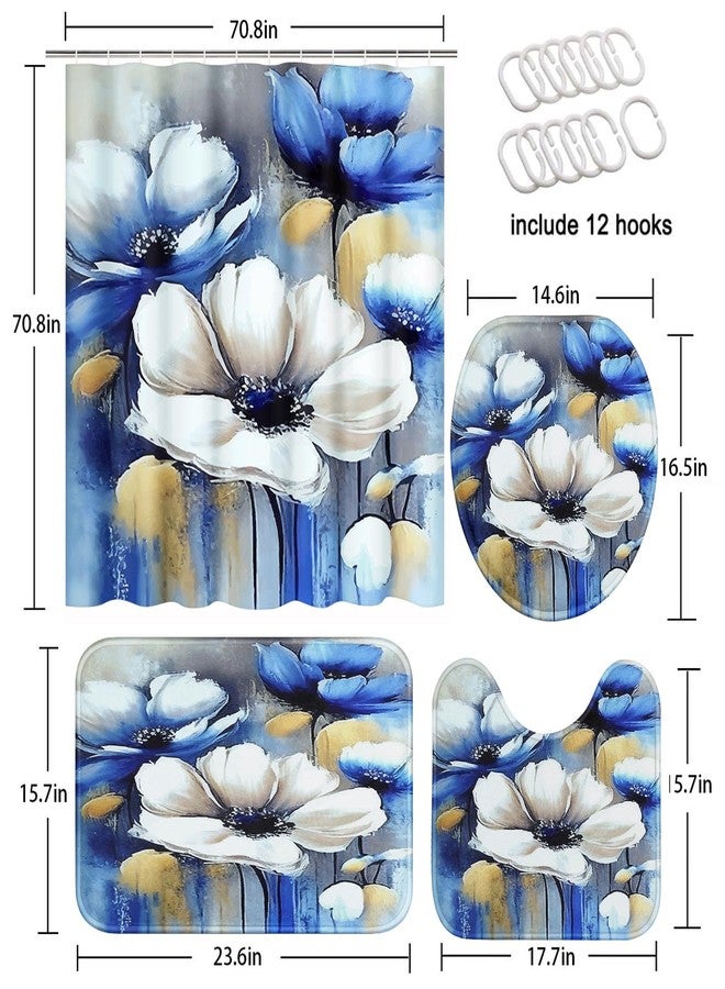 ArtSocket Blue White Gold Floral Bathroom Set with Shower Curtain and Rugs and Accessories, Spring Flower Wildflower Watercolor Shower Curtain for Bathroom Decor 4 Pcs - Image 2