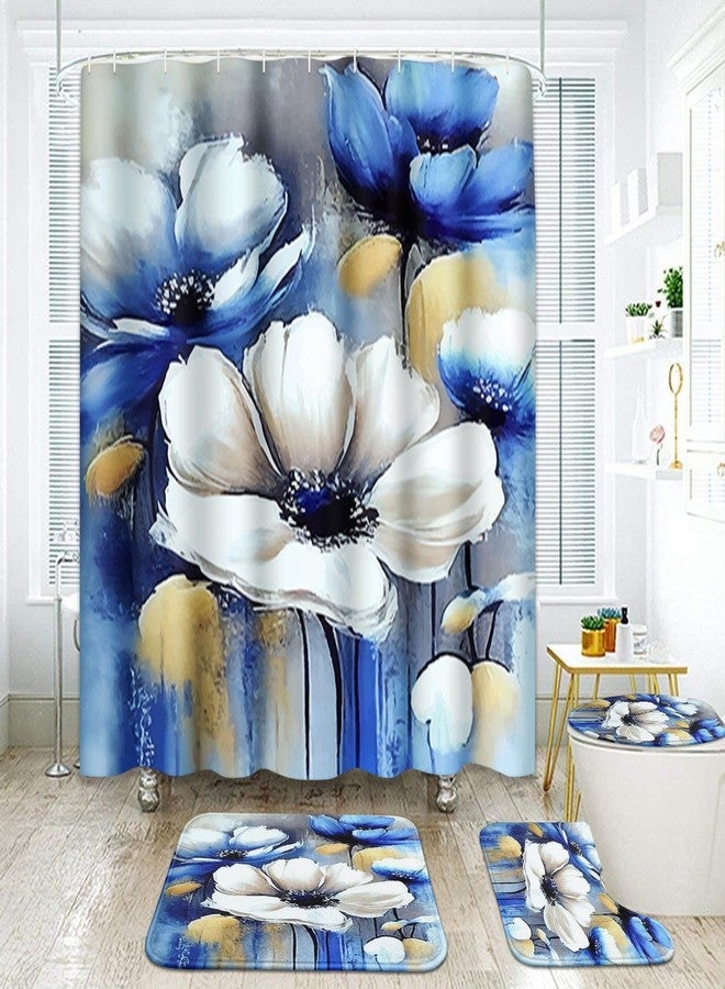 ArtSocket Blue White Gold Floral Bathroom Set with Shower Curtain and Rugs and Accessories, Spring Flower Wildflower Watercolor Shower Curtain for Bathroom Decor 4 Pcs - Image 1