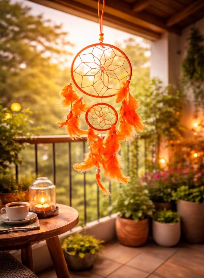 GJ Orange Dream Catcher Wall Hanging for Home Decor | 40 CM Handmade Dreamcatcher for Positive Energy, Peace & Good Dreams | Boho Feather Wall Hanging for Bedroom, Living Room & Gift - Image 3