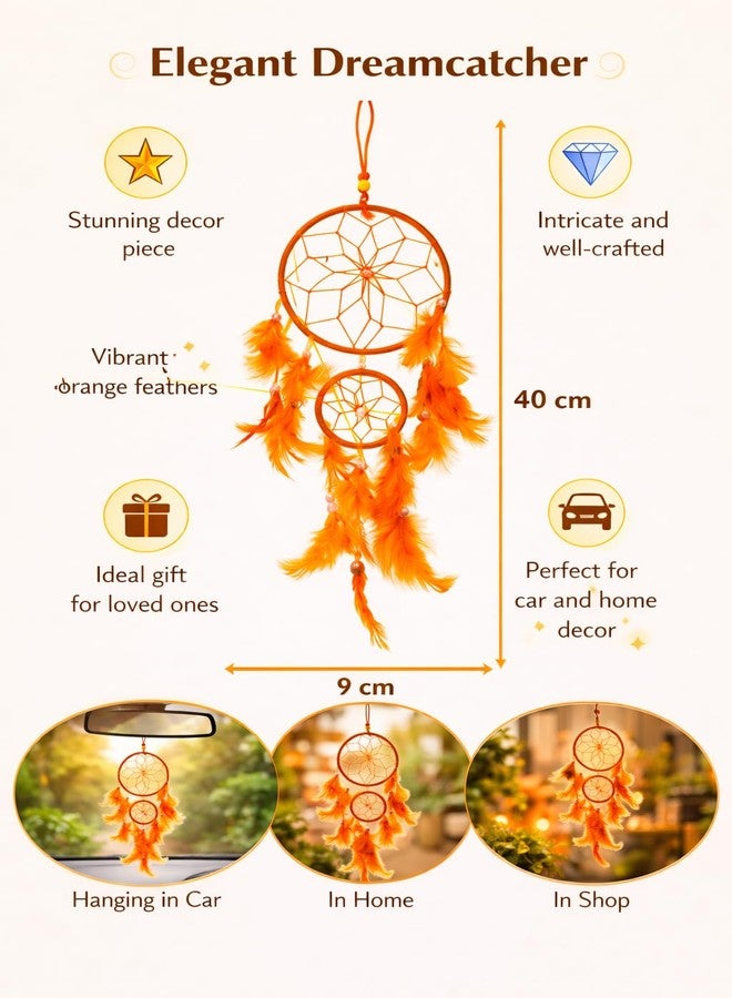 GJ Orange Dream Catcher Wall Hanging for Home Decor | 40 CM Handmade Dreamcatcher for Positive Energy, Peace & Good Dreams | Boho Feather Wall Hanging for Bedroom, Living Room & Gift - Image 2