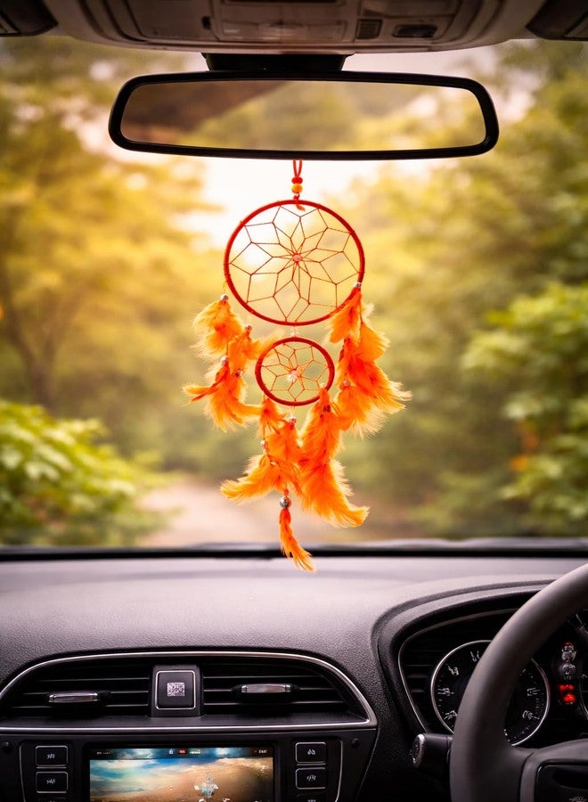 GJ Orange Dream Catcher Wall Hanging for Home Decor | 40 CM Handmade Dreamcatcher for Positive Energy, Peace & Good Dreams | Boho Feather Wall Hanging for Bedroom, Living Room & Gift - Image 4
