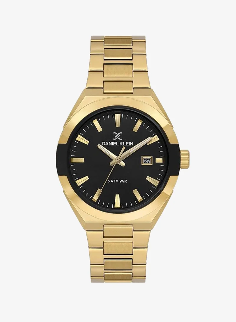 Daniel Klein Men's Stainless Steel Gold Alloy Case Analog Black Round Sunray Dial Japanese Quartz Premium 50 Meters Water Resistant