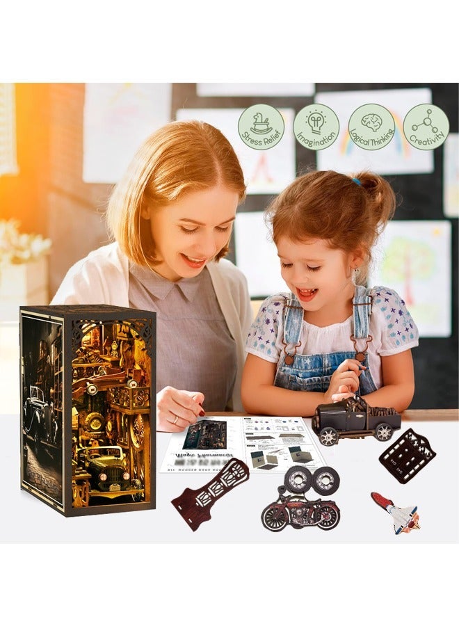 Book Nook Kit, Car Model Toys，DIY Miniature House Booknook Dollhouse Kit for Adults and Teens, 3D Wooden Puzzle Bookend Night Light Decor, Tiny Magic House Model Build Gift (Car Gamer) - Image 3