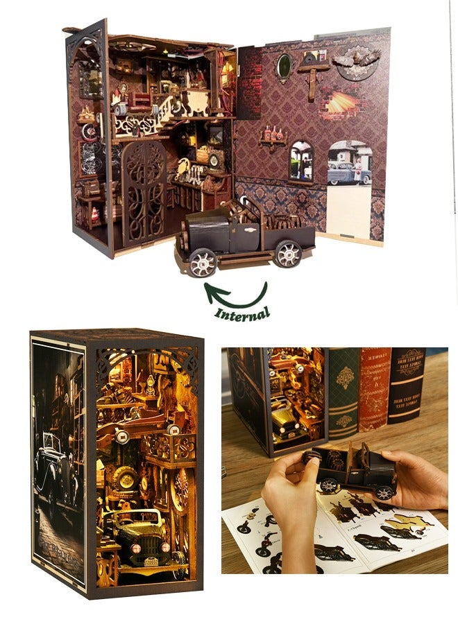Book Nook Kit, Car Model Toys，DIY Miniature House Booknook Dollhouse Kit for Adults and Teens, 3D Wooden Puzzle Bookend Night Light Decor, Tiny Magic House Model Build Gift (Car Gamer) - Image 2