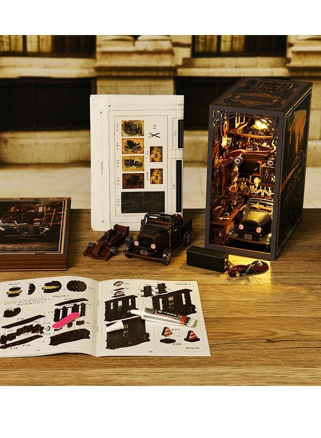 Book Nook Kit, Car Model Toys，DIY Miniature House Booknook Dollhouse Kit for Adults and Teens, 3D Wooden Puzzle Bookend Night Light Decor, Tiny Magic House Model Build Gift (Car Gamer) - Image 5