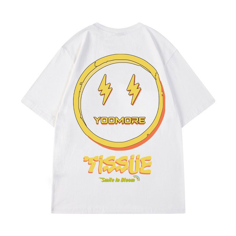 Short-Sleeved T-Shirt Men'S And Women'S Hong Kong-Style Casual Shoulder-Drop Half-Sleeve Round Neck Couple'S T-Shirt Hip-Hop Smiley Loose - Image 1