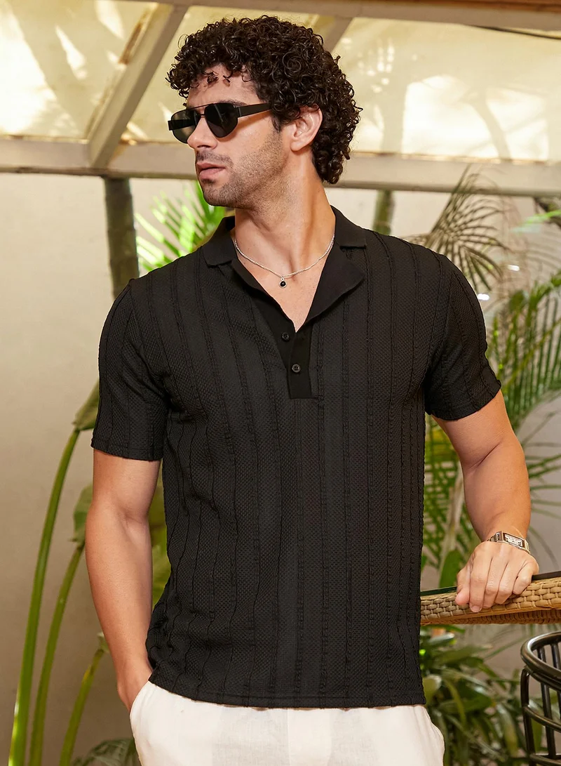 كامبوس سوترا تيشيرت بولو رجالي من الأونيكس الأسود بنسيج ويكر تكتيل