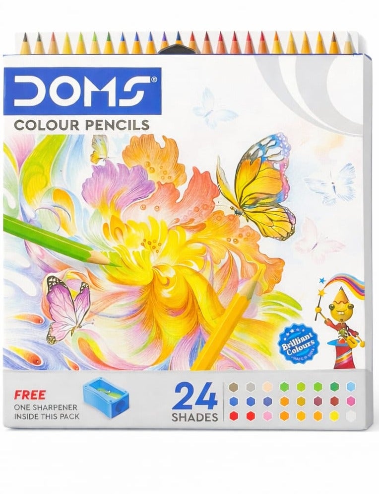 دومس مجموعة أقلام تلوين دومز، ٢٤ لونًا مع مبراة مجانية | أقلام تلوين سداسية ناعمة | صنع في الهند - Image 1