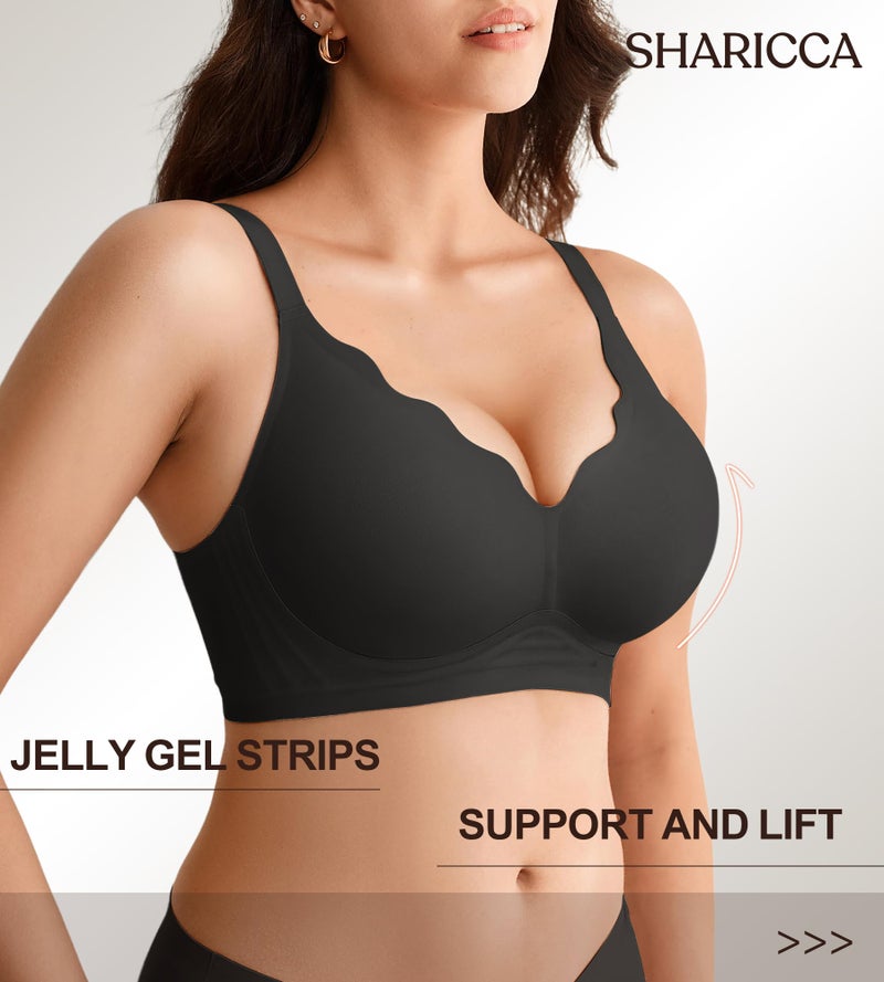 SHARICCA Jelly Bras for Women with Support - Wireless Seamless Padded Bralettes No Underwire Tshirt Everyday Wirefree Comfort Bra Black L - Image 2