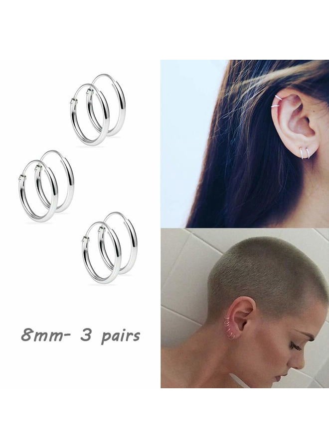 EPIRORA Silver Hoop Earrings- Cartilage Endless Small Hoop Earrings Set for Women Men, 3 Pairs of Hypoallergenic 925 Sterling Silver Tragus Earrings Nose Lip Rings (3 Pairs(8mm*3)) - Image 2