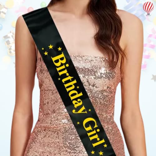 Hk Balloons Black Colour Gold Printed Birthday Girl Sash For Decoration Items Girls Rubber, Pack Of 1 - Image 1