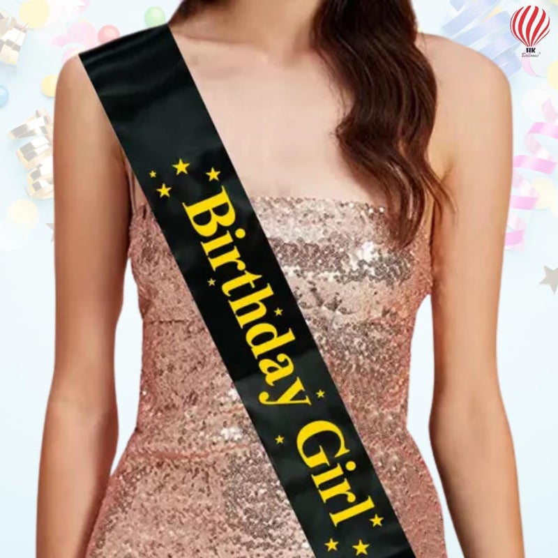 Hk Balloons Black Colour Gold Printed Birthday Girl Sash For Decoration Items Girls Rubber, Pack Of 1 - Image 5