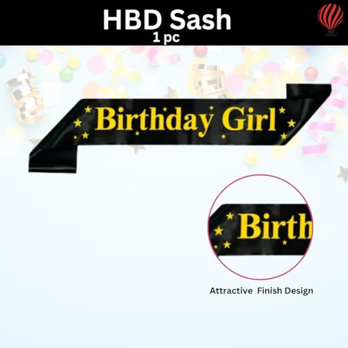 Hk Balloons Black Colour Gold Printed Birthday Girl Sash For Decoration Items Girls Rubber, Pack Of 1 - Image 2
