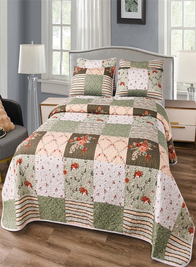 YASMENG 3 Pieces Green Plaid Floral Patchwork Bedding Quilt Set Queen Size Olive Green Peach White Patchwork Quilted Bedspread Set with Red Rose Flower Soft Lightweight Bed Cover All Seasons Coverlet Set - Image 3