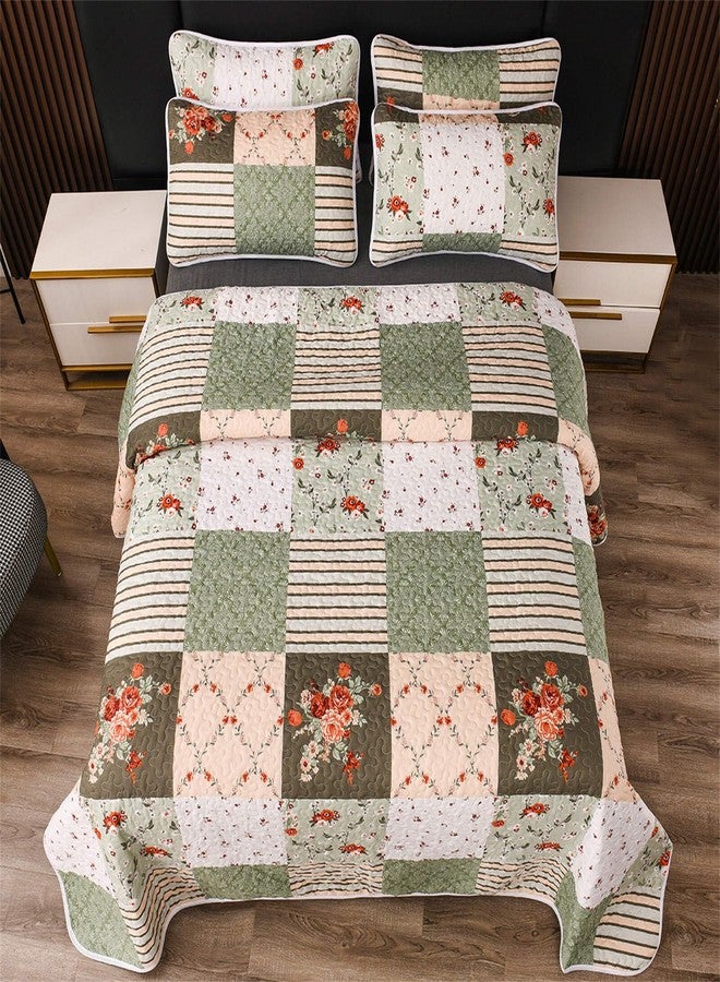 YASMENG 3 Pieces Green Plaid Floral Patchwork Bedding Quilt Set Queen Size Olive Green Peach White Patchwork Quilted Bedspread Set with Red Rose Flower Soft Lightweight Bed Cover All Seasons Coverlet Set - Image 4