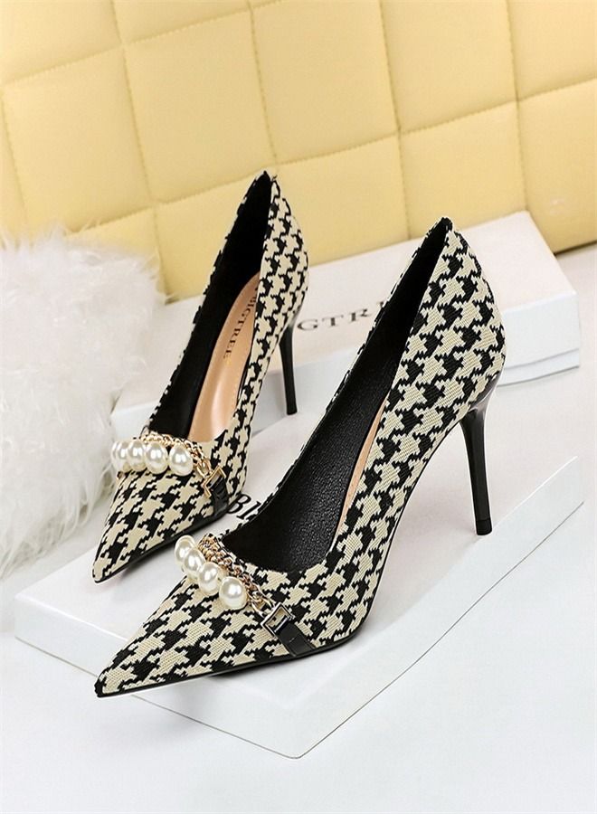BIGTREE Pearl Chain Plaid High Heels 7.5CM 