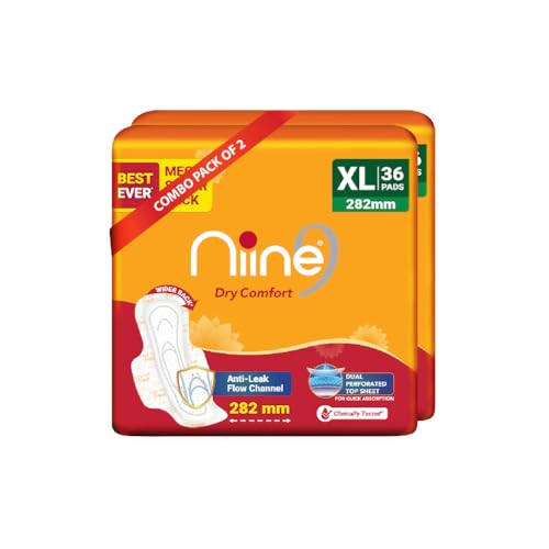 Niine Dry Comfort XL Sanitary Pads for Women |72 Pads, Pack of 2| 282mm Long| Fast Absorption| Prevents Wetness & Leakage| Enjoy Leak-free Periods |With Anti-Leak Flow Channel - Image 1