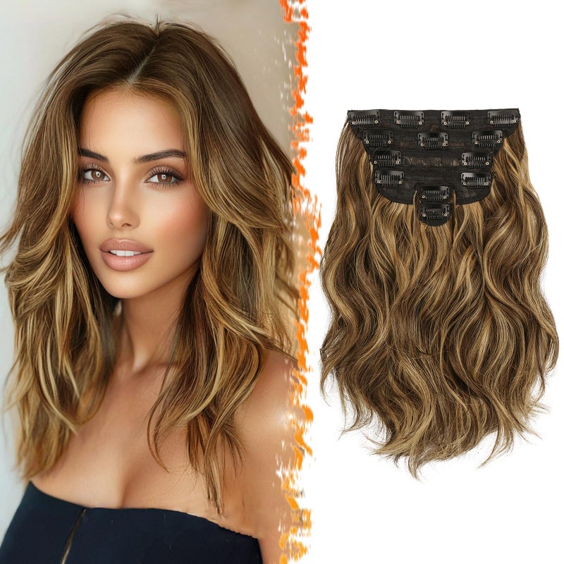 BARSDAR Clip in Hair Extensions - 12 Inch Short Wavy Highlight Hair Extensions for Women - 6PCs Thick Soft Synthetic Clip in Hairpieces Daily - Chocolate Brown with Highlights - Image 1