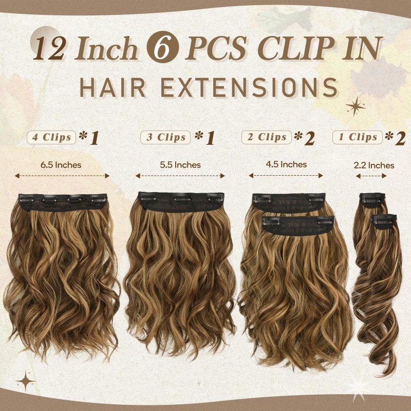 BARSDAR Clip in Hair Extensions - 12 Inch Short Wavy Highlight Hair Extensions for Women - 6PCs Thick Soft Synthetic Clip in Hairpieces Daily - Chocolate Brown with Highlights - Image 2