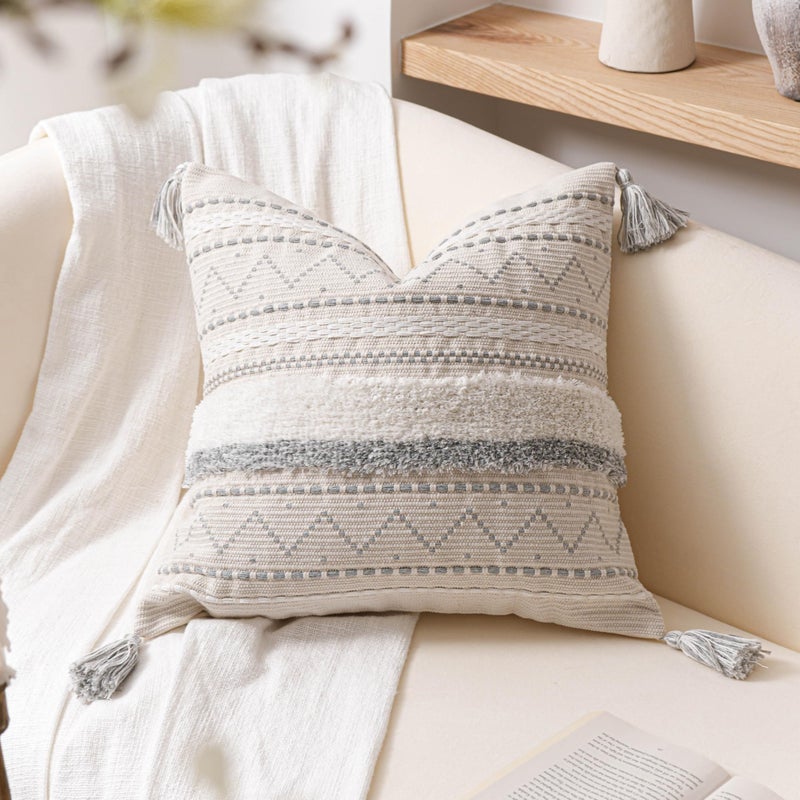 BlissBlush 18X18 Throw Pillow Cover Cream Neutral Square Decorative Cushion Cover with Gray Pattern Boho Accent Pillowcase with Tufted Details and Tassels for Couch Sofa Living Room Cover Only - Image 2