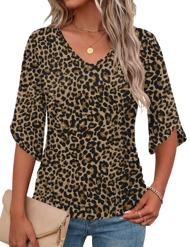 Micoson Ladies Tops and Blouses 3/4 Sleeve Cheetah Print Spring Summer Tops Bell Sleeve Shirts for Women(Yellow Leopard, Small) - Image 1