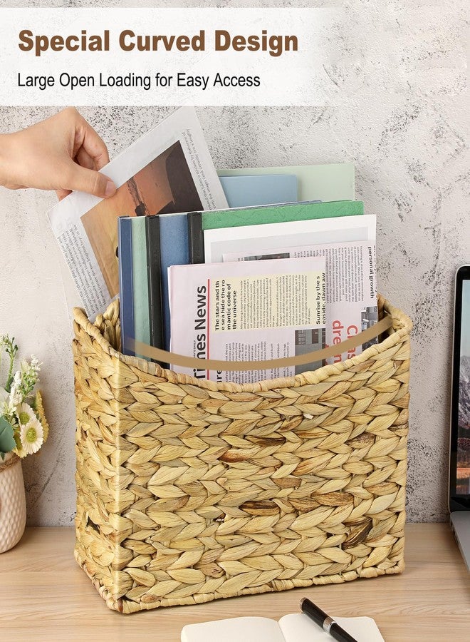 بي تي سكاي حامل مجلات منسوج من BTSKY، سلة مجلات من قسمين مصنوعة من زهرة النيل، سلة تخزين طبيعية للكتب والملفات، رف مجلات للحمام بمقبض مدمج للمنزل والمكتب والطاولة - Image 4
