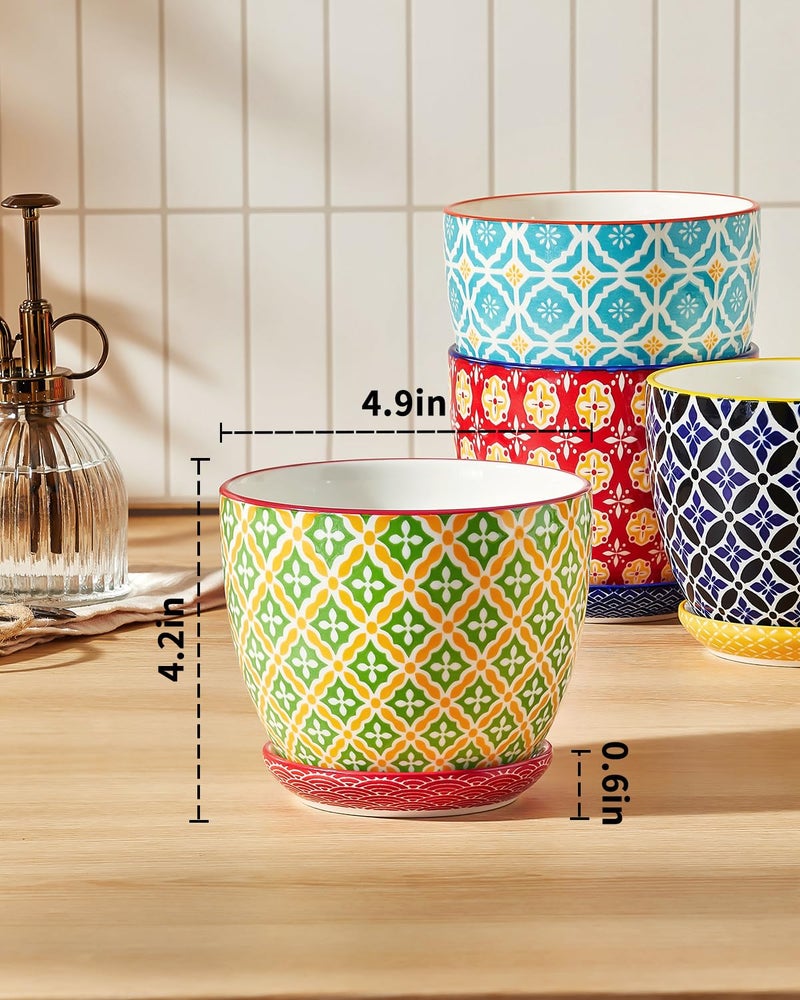 Metahom Ceramic Plant Pots, 4.9 Inch Flower Pots with Drainage Hole & Saucer, Colorful Planter Pots for Houseplants, Succulent, Catus, Home Decor, Set of 4, Vibrant Colors - Image 2