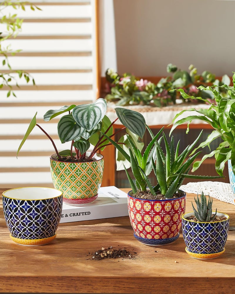 Metahom Ceramic Plant Pots, 4.9 Inch Flower Pots with Drainage Hole & Saucer, Colorful Planter Pots for Houseplants, Succulent, Catus, Home Decor, Set of 4, Vibrant Colors - Image 5