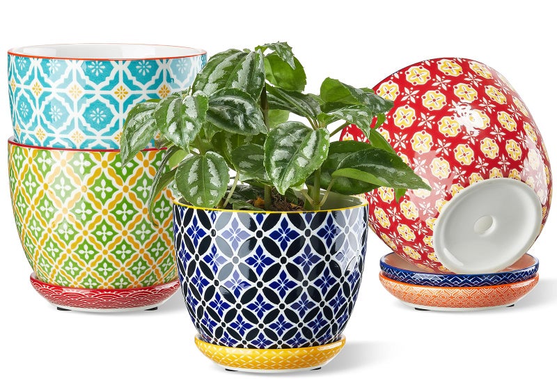 Metahom Ceramic Plant Pots, 4.9 Inch Flower Pots with Drainage Hole & Saucer, Colorful Planter Pots for Houseplants, Succulent, Catus, Home Decor, Set of 4, Vibrant Colors - Image 1
