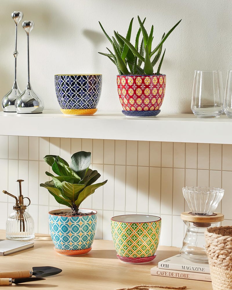 Metahom Ceramic Plant Pots, 4.9 Inch Flower Pots with Drainage Hole & Saucer, Colorful Planter Pots for Houseplants, Succulent, Catus, Home Decor, Set of 4, Vibrant Colors - Image 3