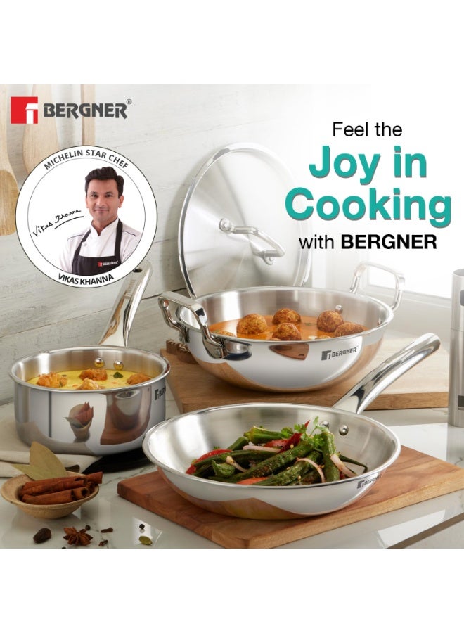 Bergner TriPro 4 Pcs Tri-Ply Stainless Steel Induction Bottom Cookware Set - 22cm (2.1L) Kadai and 22cm (1L) Frypan with Common Stainless Steel Lid, 14cm (1.1L) Teapan, Less Oil Use, Easy to Clean - Image 3