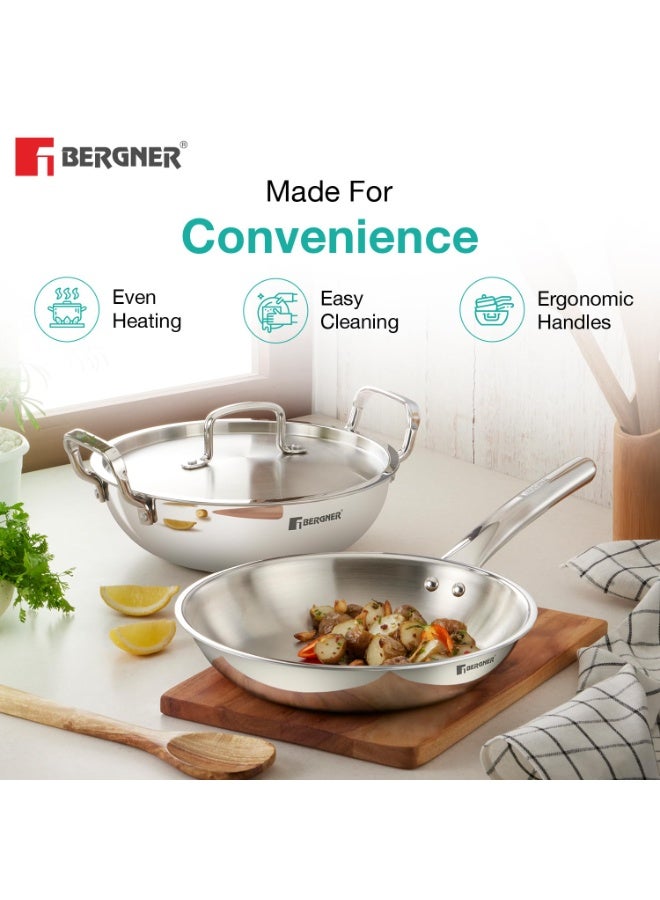 Bergner TriPro 4 Pcs Tri-Ply Stainless Steel Induction Bottom Cookware Set - 22cm (2.1L) Kadai and 22cm (1L) Frypan with Common Stainless Steel Lid, 14cm (1.1L) Teapan, Less Oil Use, Easy to Clean - Image 4
