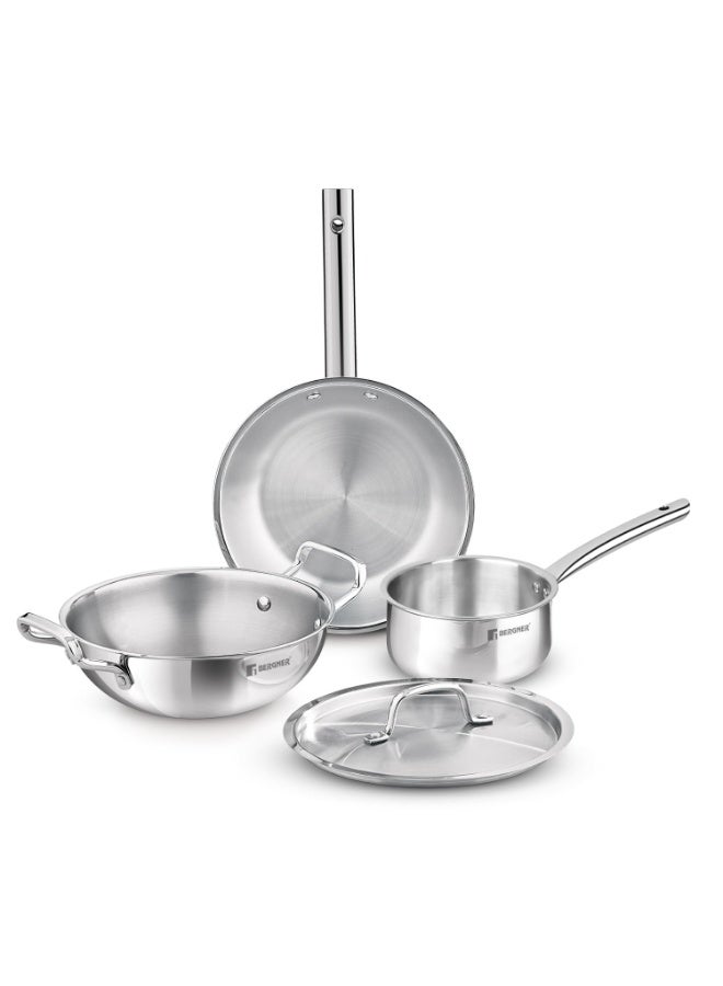 Bergner TriPro 4 Pcs Tri-Ply Stainless Steel Induction Bottom Cookware Set - 22cm (2.1L) Kadai and 22cm (1L) Frypan with Common Stainless Steel Lid, 14cm (1.1L) Teapan, Less Oil Use, Easy to Clean - Image 1