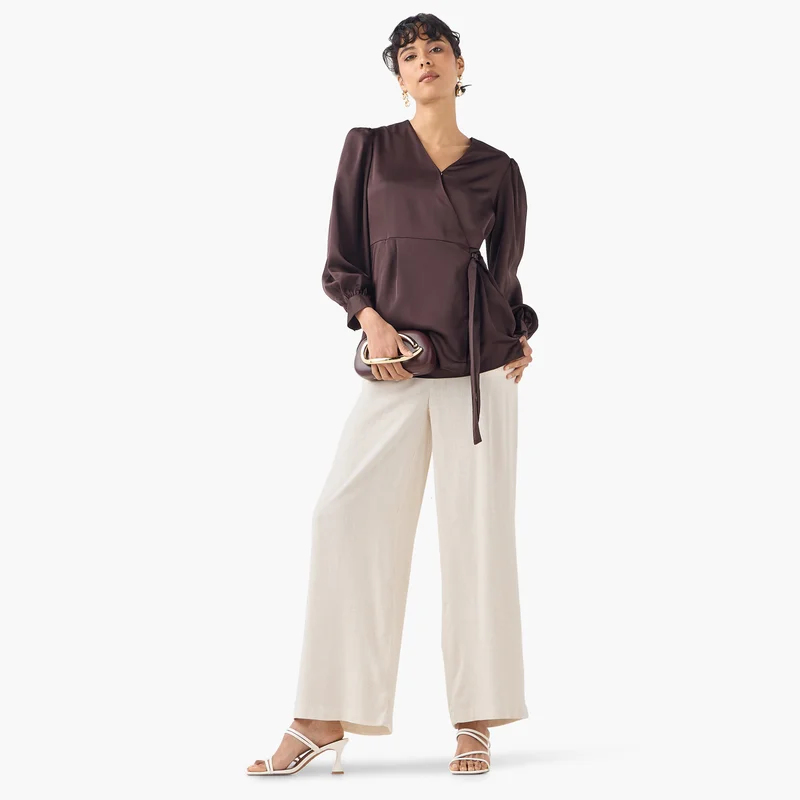 Iconic Iconic V-neck Wrap Top with Long Sleeves and Tie-Up Detail