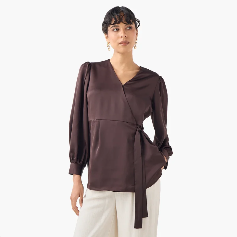 Iconic Iconic V-neck Wrap Top with Long Sleeves and Tie-Up Detail