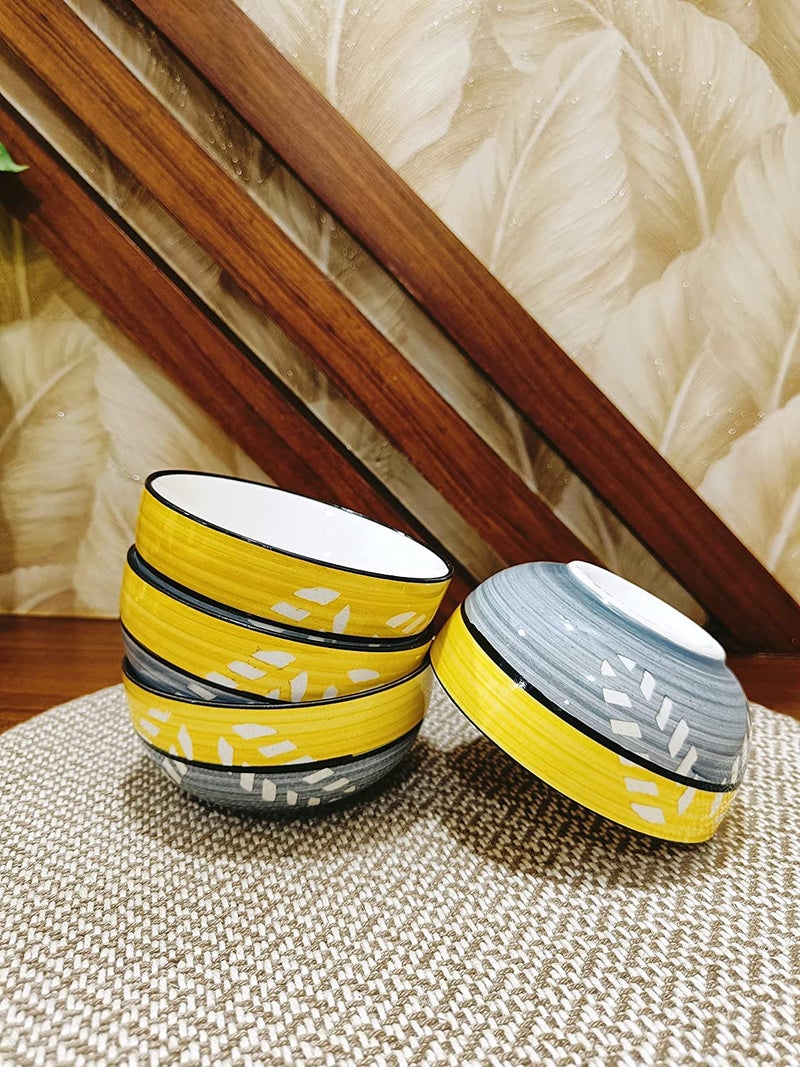 Caffeine Ceramic Stoneware Yellow & Grey Leaf katori Bowl Set of 4